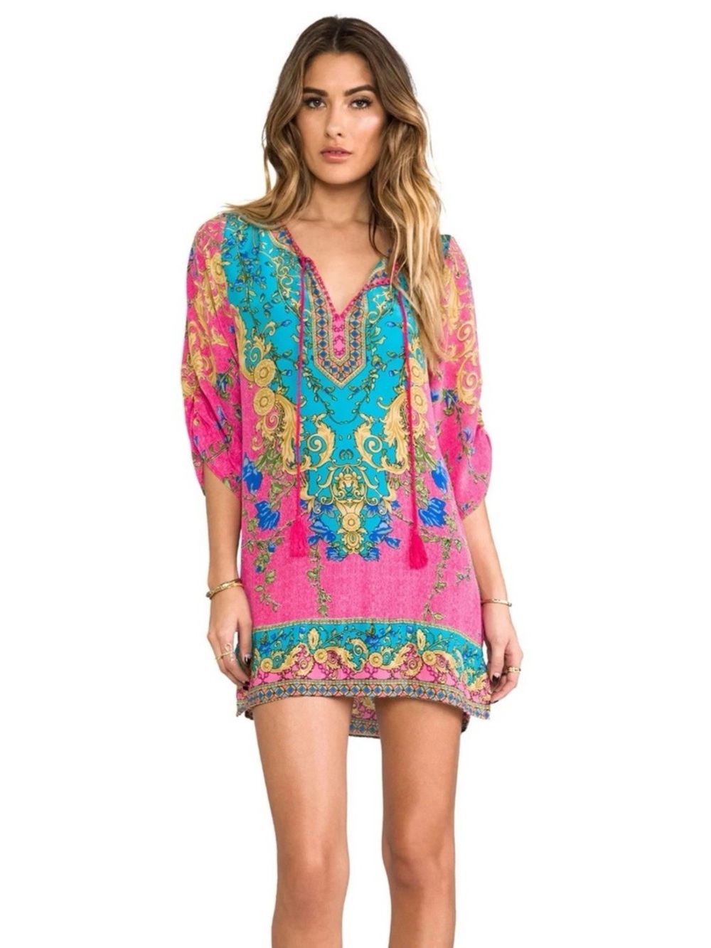 Tolani Pink and Turquoise Silk Paisley Printed Boho Swim Coverup Tunic